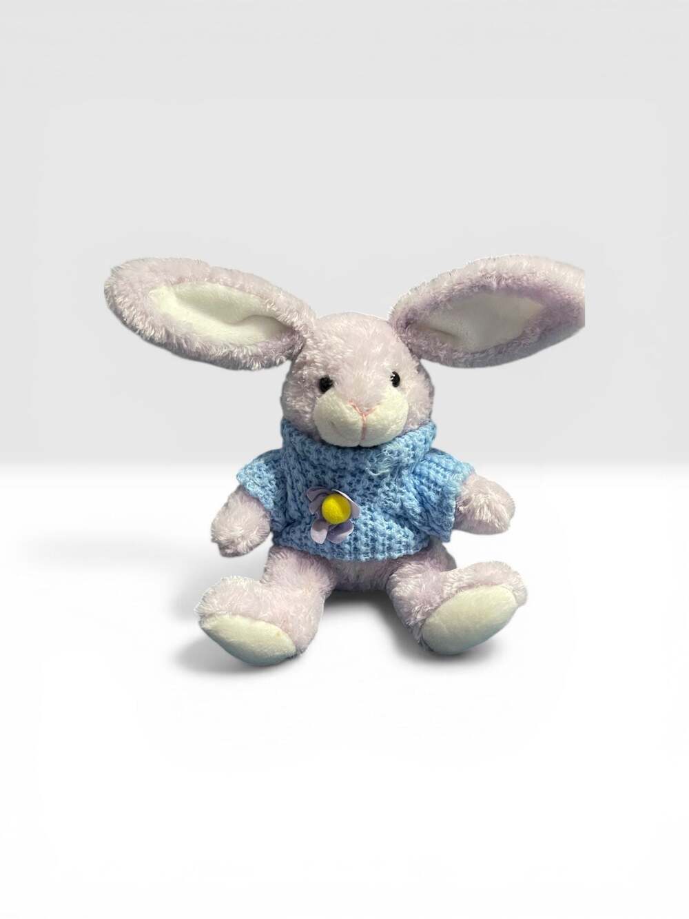 Vintage Chrisha Playful Plush Lavender Bunny in Blue Knit Sweater Stuffed Animal